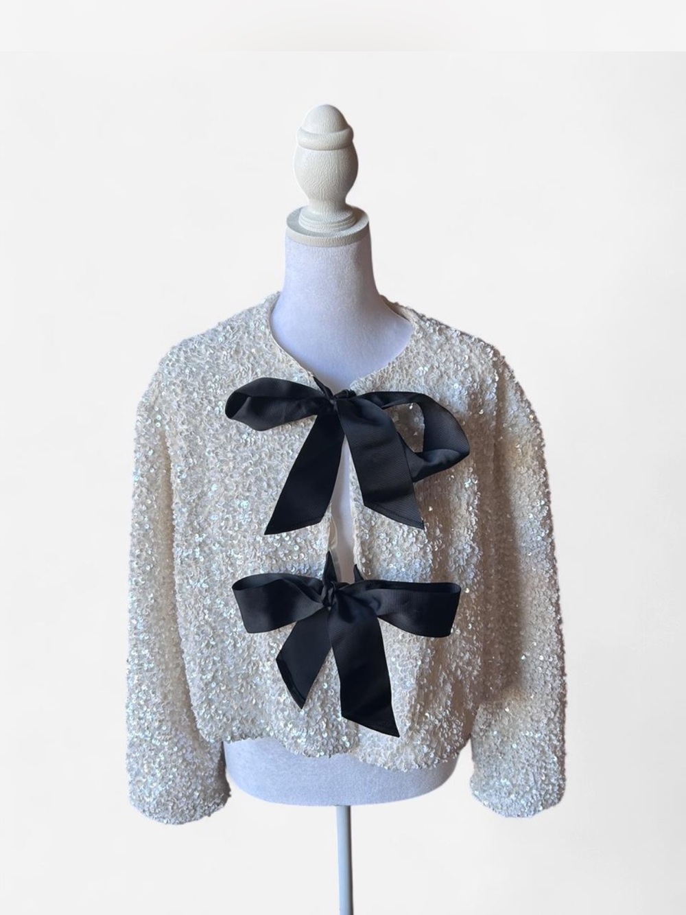 Elegant Ivory Sequin Bow-Front Jacket Bridal Bachelorette Wedding XL - Picture 2 of 6